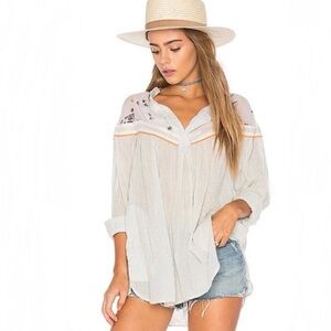 Free People Cream Peasant Blouse with Yellow Stripe and Floral Detail